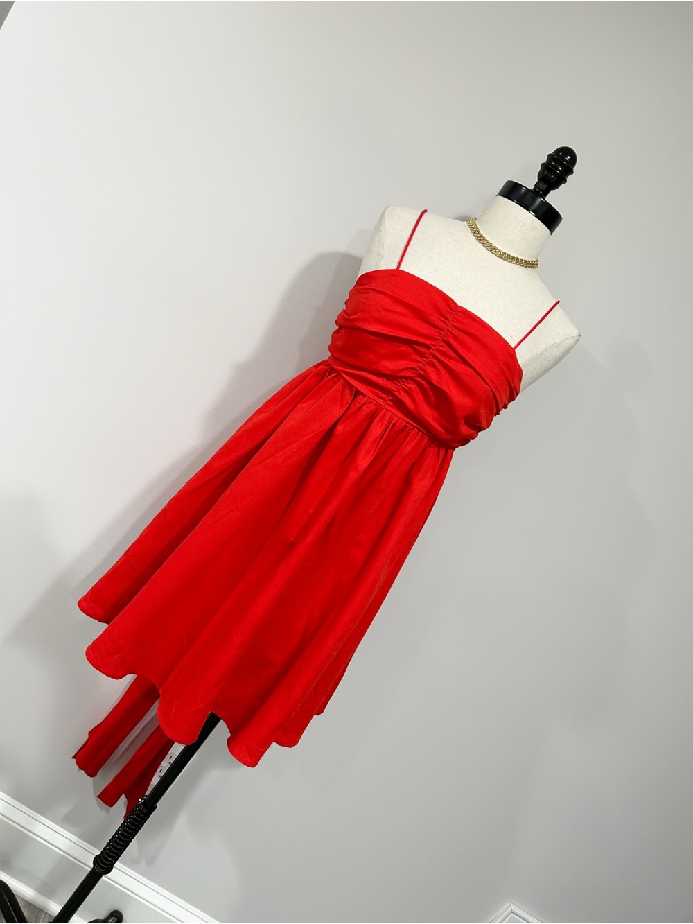 Red Spaghetti-Strap Mini Dress with Ruched Bodice